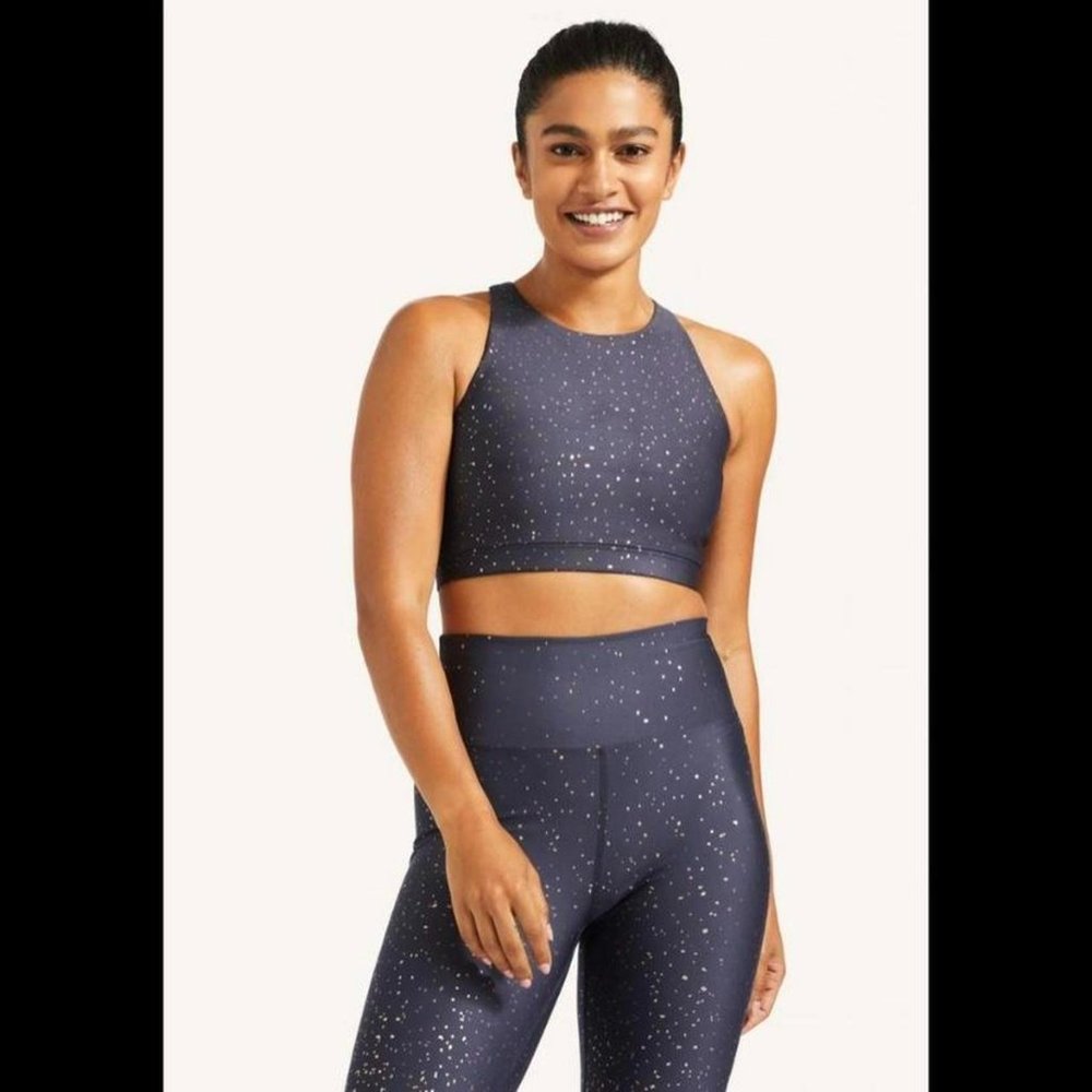 Peloton Show Up Sparkle High Neck Bra & Matching Leggings (Blue/Gold) Size Small